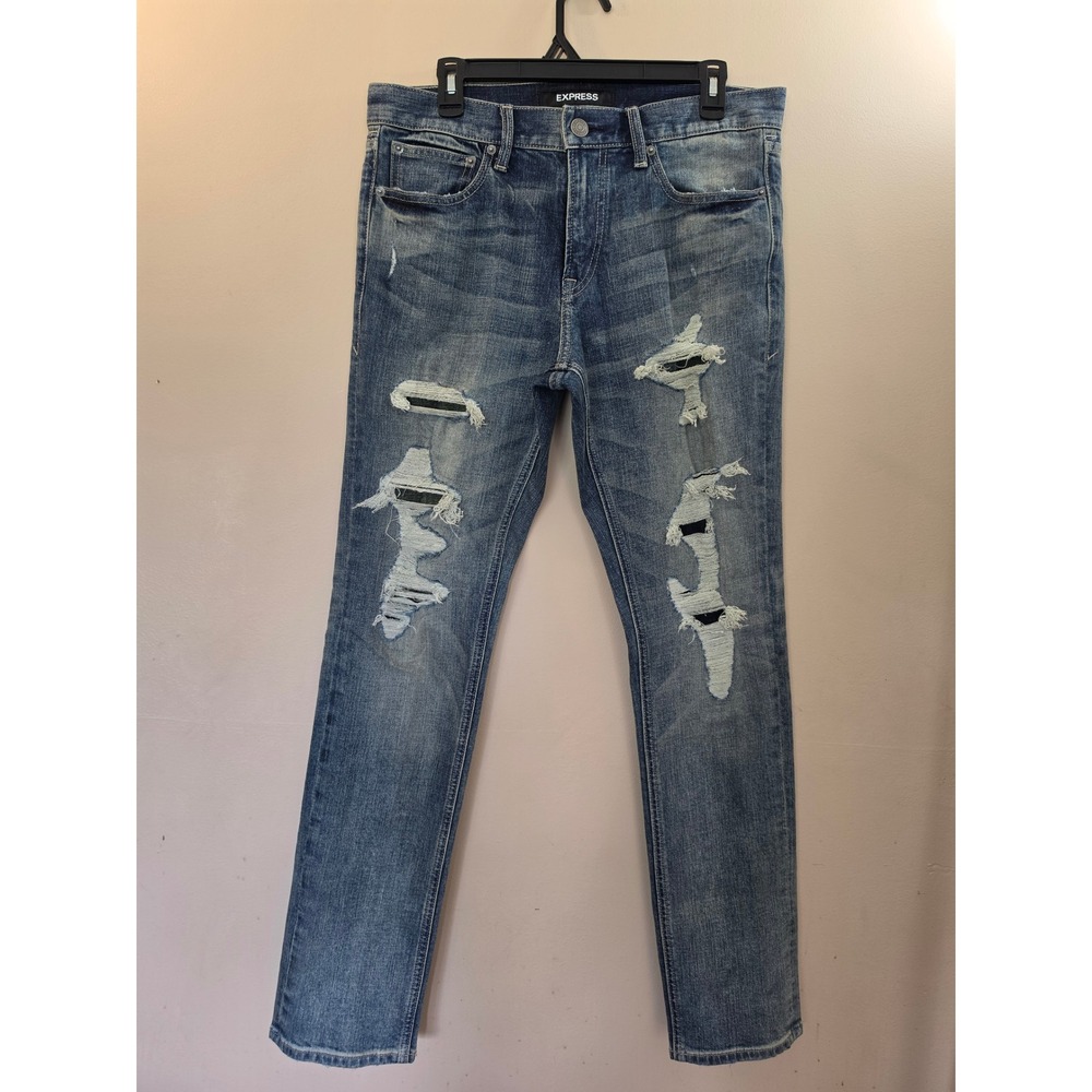 Express Mens Slim Stretch Distressed Jeans Medium Wash Ripped Denim 32x32